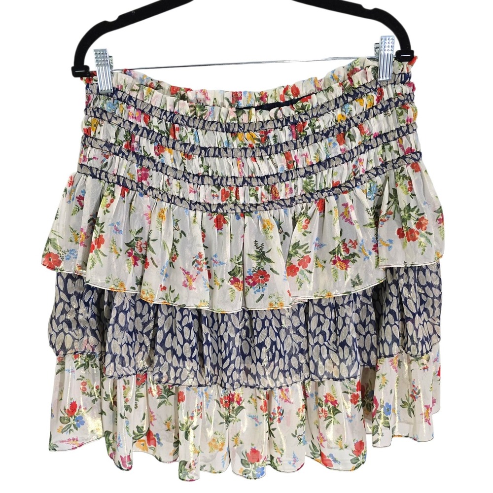 Current Air Los Angeles Floral Tiered Metallic Skirt Smocked Waist Lightweight